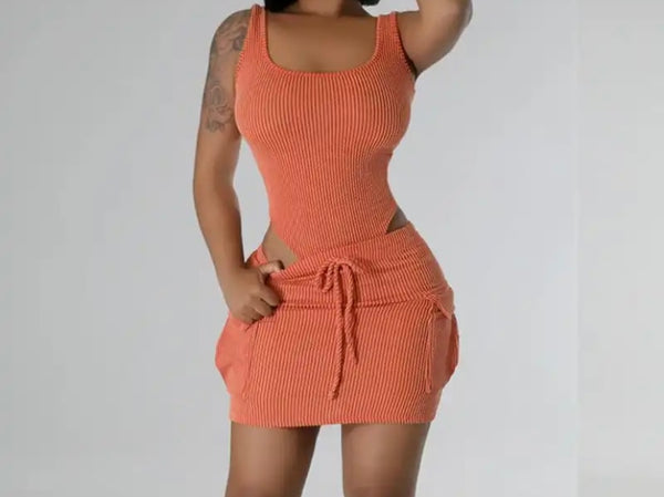 Women Sexy Sleeveless Ribbed Bodysuit Two Piece Skirt Set