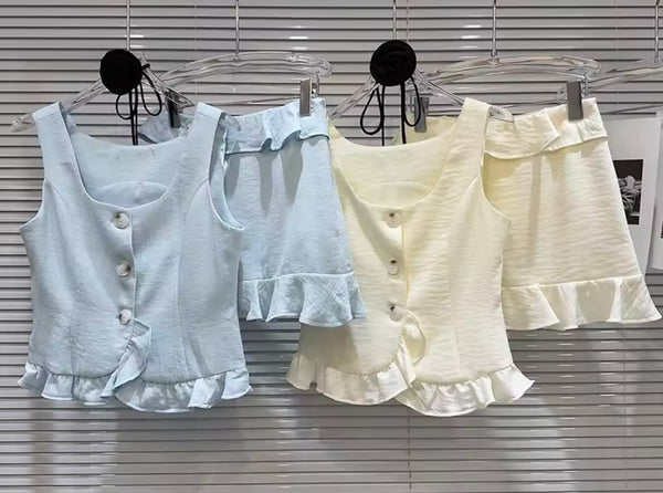 Women Sexy Button Up Ruffled Sleeveless Two Piece Skirt Set