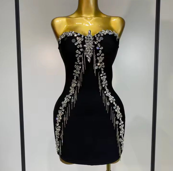 Women Black Sexy Strapless Rhinestone Tassel Dress