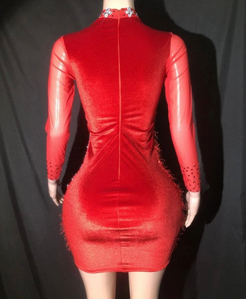 Women Sexy Red Bling Mesh Patchwork Full Sleeve Velour Dress