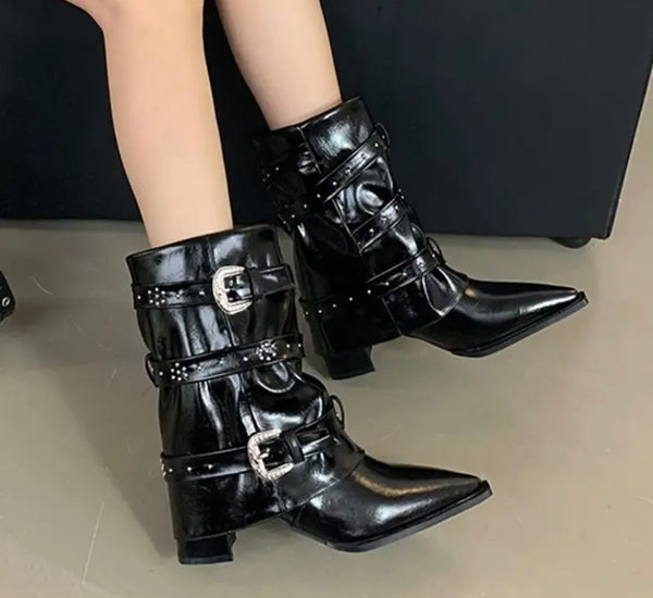 Women Pointed Toe Buckled Fashion Ankle Boots