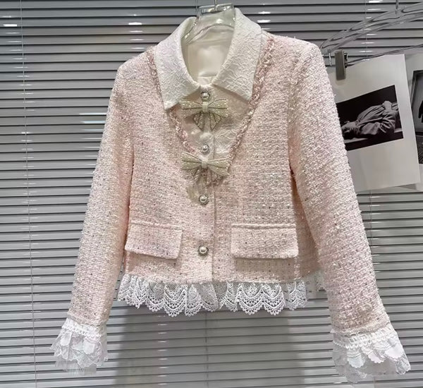 Women Bling Ruffled Button Up Pink Tweed Blazer Two Piece Skirt Set