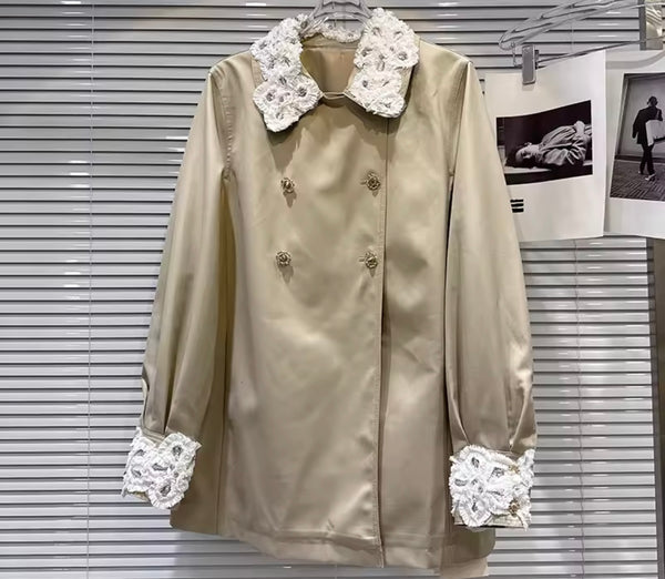 Women Floral Double-Breasted Trench Two Piece Pleated Skirt Set