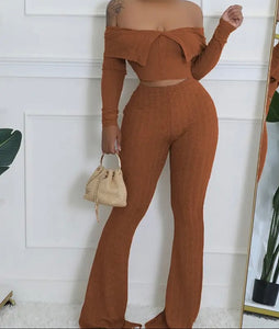 Women Ribbed Solid Color Off The Shoulder Full Sleeve Two Piece Pant Set