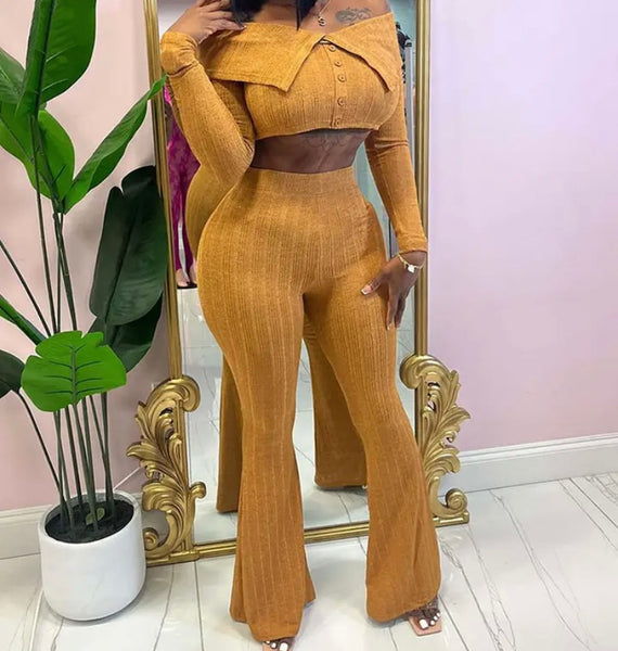 Women Ribbed Solid Color Off The Shoulder Full Sleeve Two Piece Pant Set