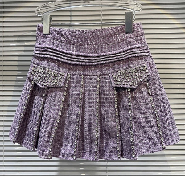 Women Fashion Rhinestone Tweed Pleated Skirt