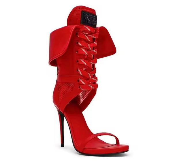 Women Red Fashion Open Toe Tie Up Ankle Boots