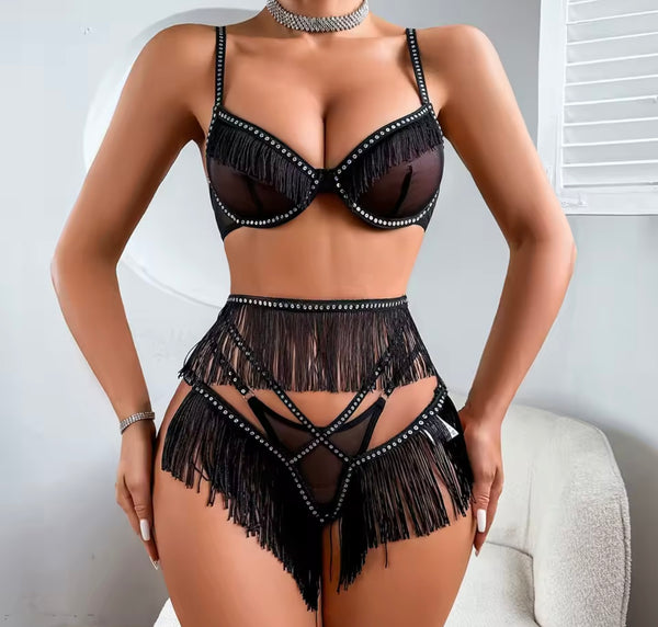 Women Sexy Rhinestone Black Fringe Tassel Mesh Lingerie Set