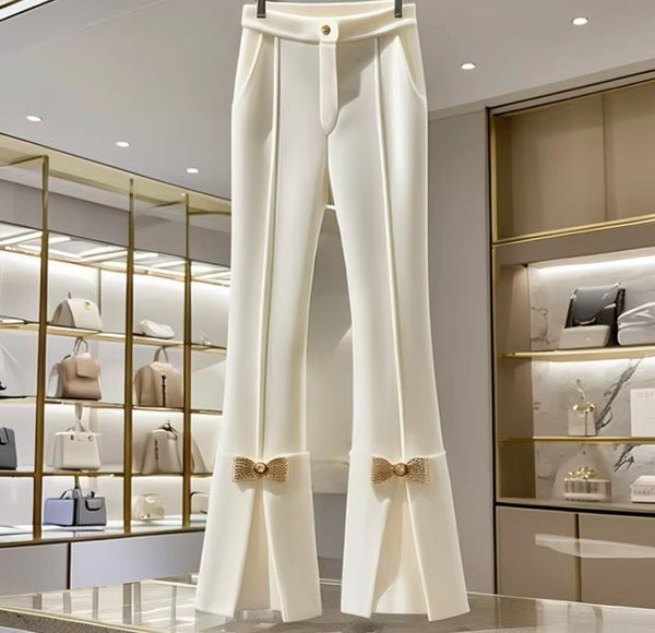 Women Fashion White Gold Bow Pants