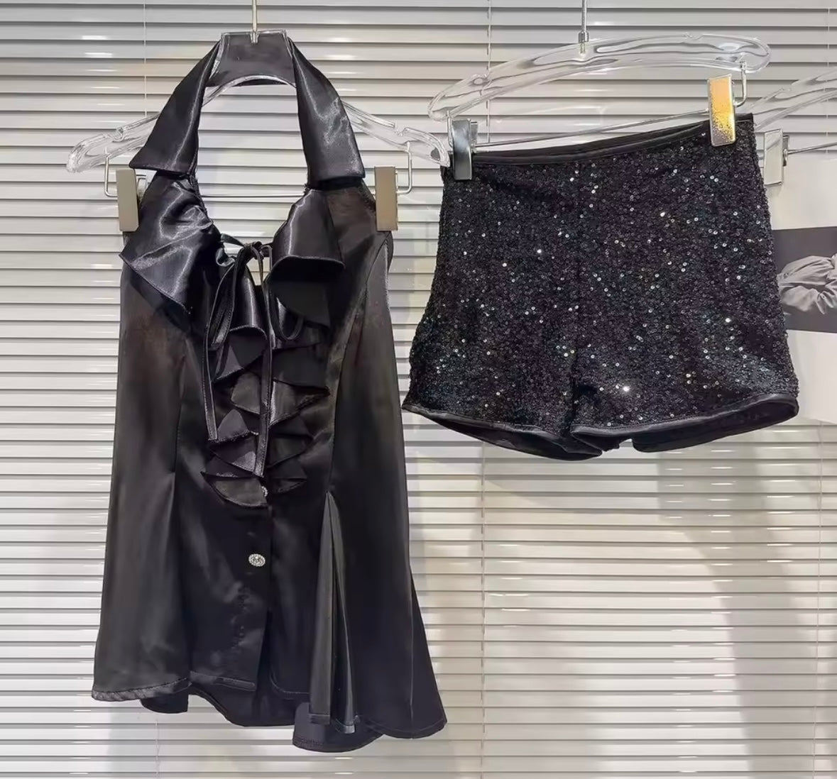 Women Ruffled Halter Sexy Sequins Two Piece Short Set