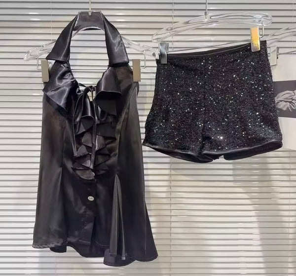 Women Ruffled Halter Sexy Sequins Two Piece Short Set