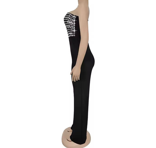 Women Sexy Strapless Bling Crystal Black Jumpsuit