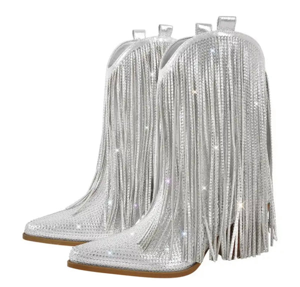 Women Fashion Bling Tassel Western Boots