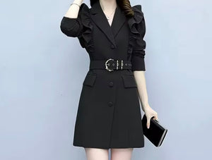 Women Color Fashion Ruffle Belted Trench Jacket
