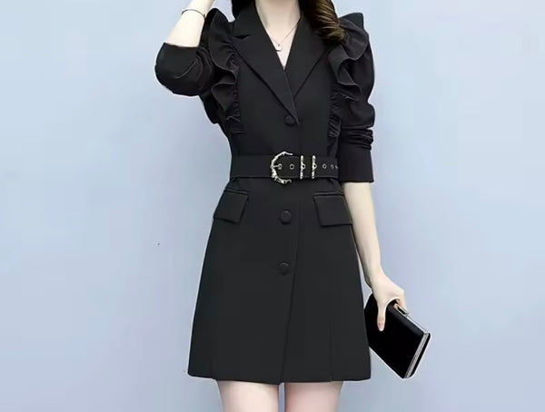Women Color Fashion Ruffle Belted Trench Jacket