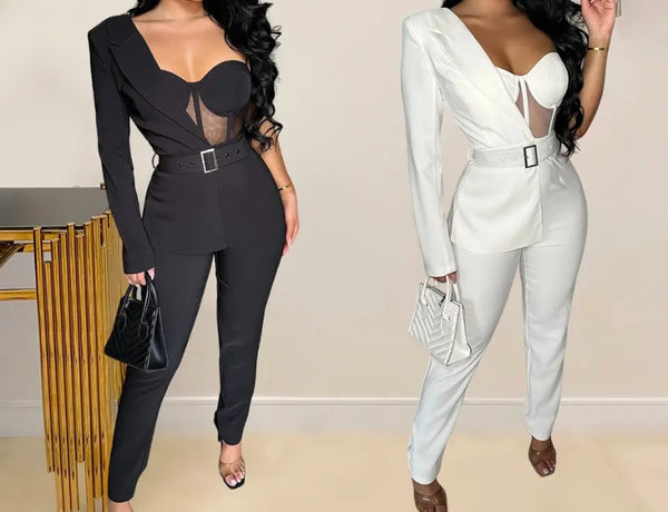 Women Sexy One Shoulder Full Sleeve Mesh Patchwork Blazer Jumpsuit