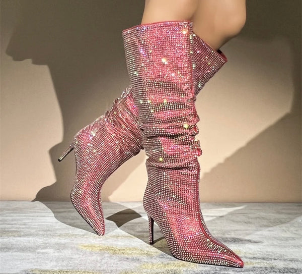 Women Pointed Toe High Heel Bling Ruched Fashion Knee High Boots
