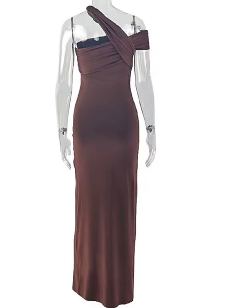 Women Sexy Brown Off The Shoulder Ruche Split Maxi Dress