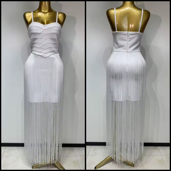 Women Sexy White Sleeveless Fringe Tassel Maxi Dress