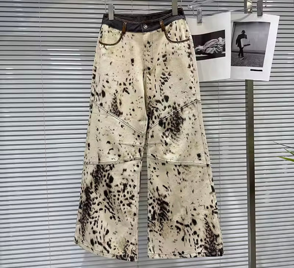 Women Chain Sleeveless Leopard Print Denim Two Piece Pant Set