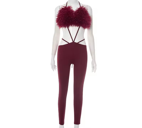 Women Sexy Feather Sleeveless Open Back Jumpsuit