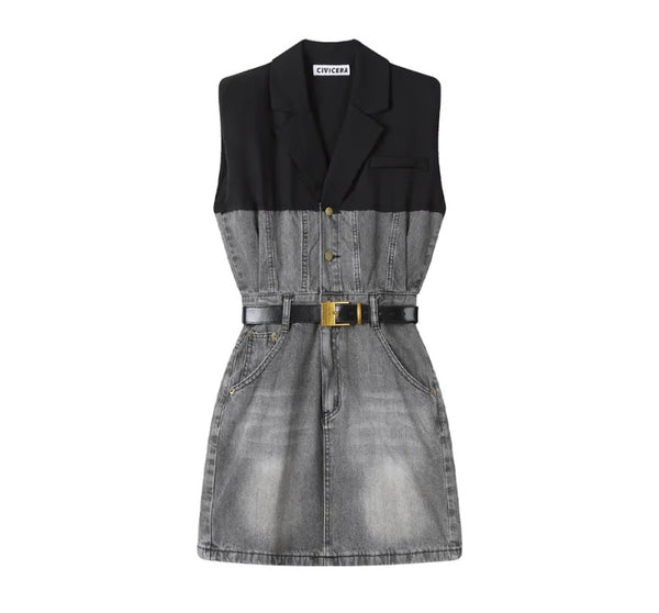 Women Button Up Sleeveless Color Patchwork Belted Denim Dress