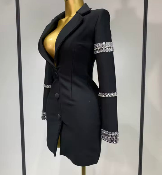 Women Sexy Black Button Up Crystal Full Sleeve Blazer Dress