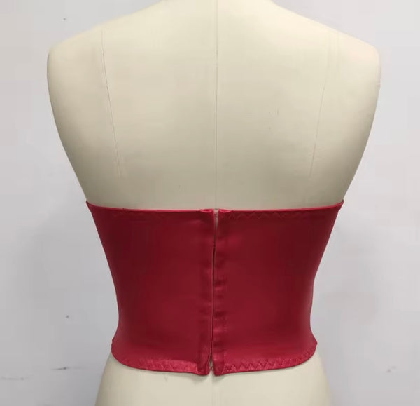 Women Sexy Red Heart Strapless Satin Corset Top