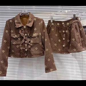 Women Brown Sequins Full Sleeve Blazer Two Piece Skirt Set