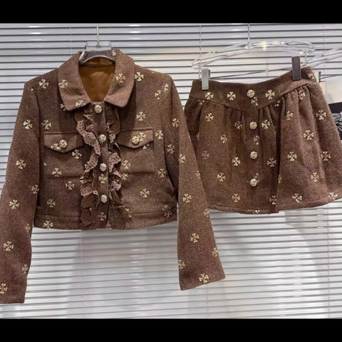 Women Brown Sequins Full Sleeve Blazer Two Piece Skirt Set