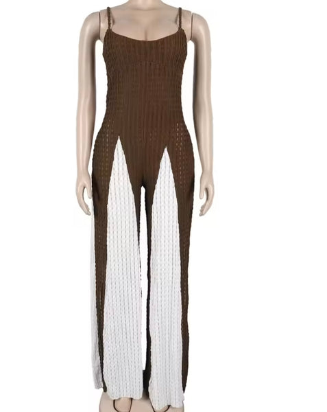Women Fashion Sleeveless Color Patchwork Wide Leg Jumpsuit