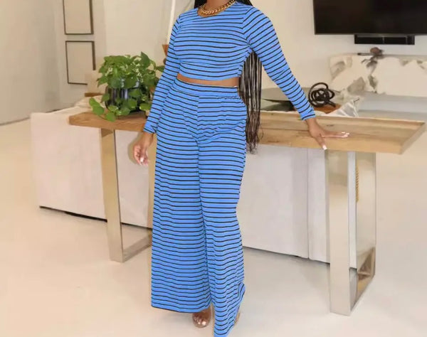 Women Fashion Full Sleeve Striped Two Piece Pant Set