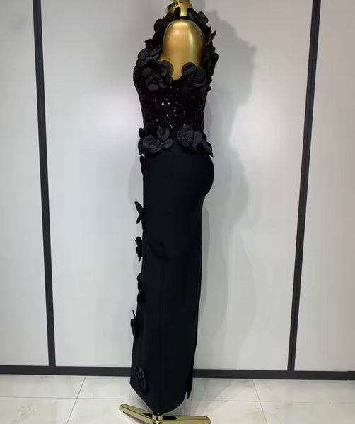Women Sexy Sleeveless Sequins Beaded 3D Floral Maxi Dress