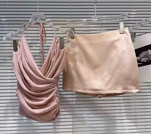 Women Sexy Ruched Halter Sleeveless Satin Two Piece Skirt Set