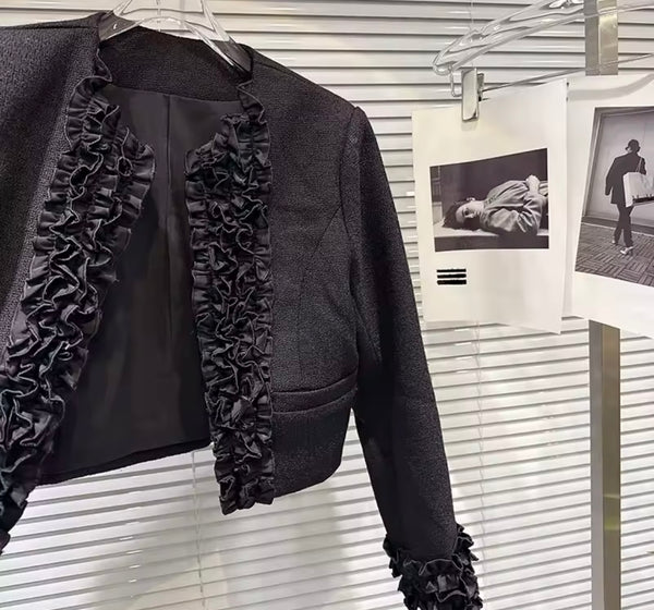 Women Black Floral Fashion Blazer Tweed Two Piece Skirt Set