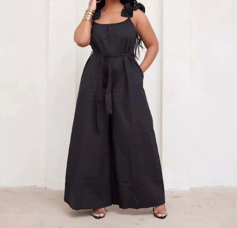 Women Fashion Ruffled Sleeveless Solid Color Wide Leg Jumpsuit