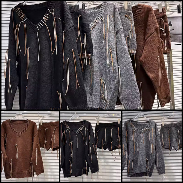 Women Fashion Color Fringe Full Sleeve Sweater Two Piece Short Set