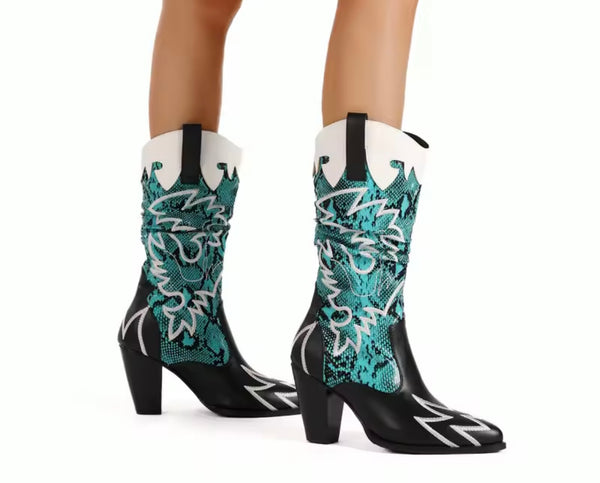 Women Fashion Color Animal Print Faux Leather Western Boots