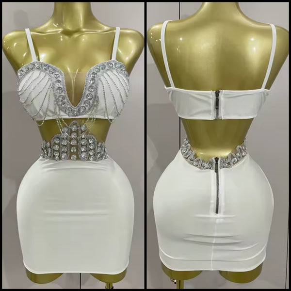 Women White Sleeveless Sexy Rhinestone Chain Cut Out Dress