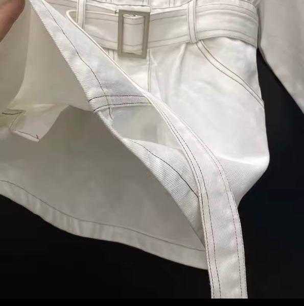 Women White Fashion Button Up Belted Denim Trench Jacket