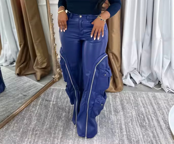 Women Fashion Color Zipper Cargo Faux Leather Pants