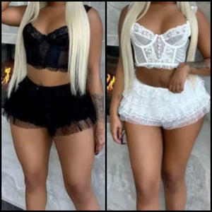 Women Sexy Sleeveless Ruffled Lace Two Piece Skirt Set