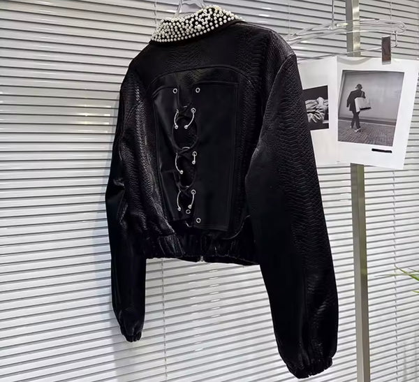 Women Black Pearl Metal Ring Fashion Faux Leather Jacket