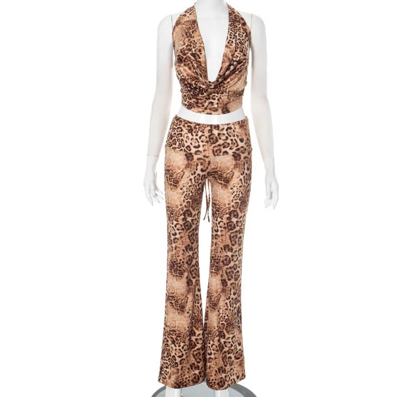 Women Sexy Leopard Halter Sleeveless Two Piece Pant Set
