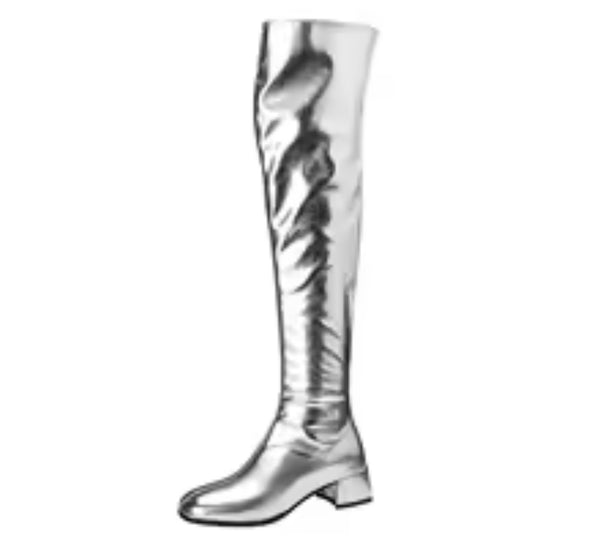 Women Color Metallic Fashion Zip Up Flat Knee High Boots