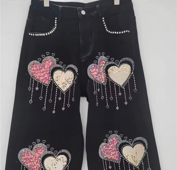 Women Sleeveless Rhinestone Sequins Heart Denim Two Piece Pant Set