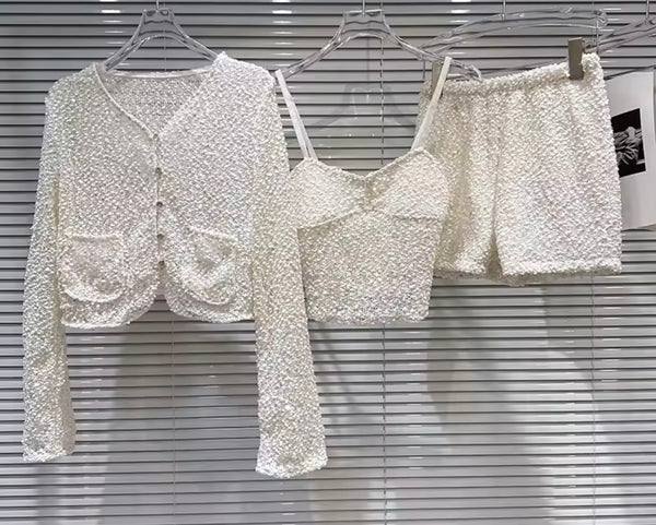 Women White Sequins Fashion Three Piece Short Set