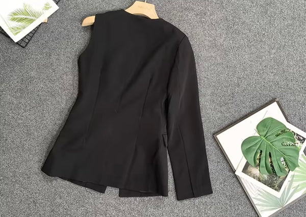 Women Black One Shoulder Blazer Fashion Two Piece Wrap Pant Set