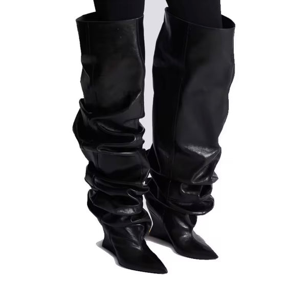 Women Fashion Faux Leather Ruched Ankle/Knee High Boots