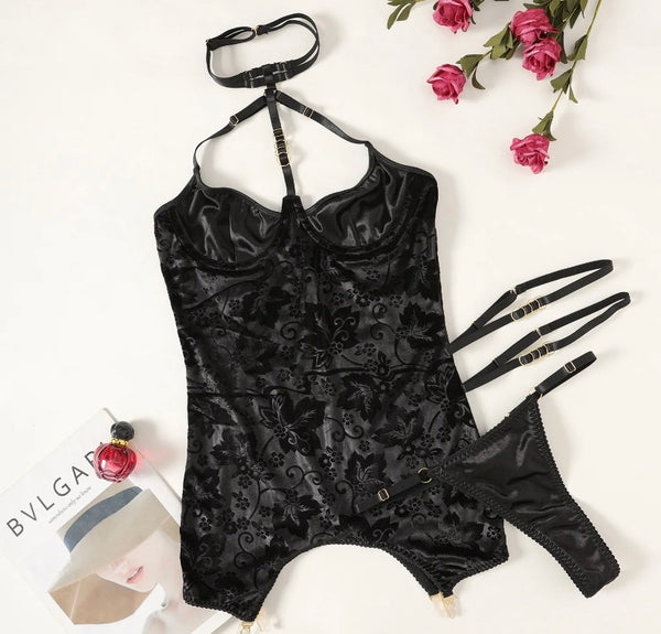 Women Black Sexy Satin Floral Print Lingerie Set